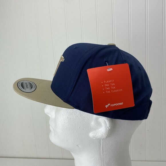 CATERPILLAR Diesel Navy Blue 6 Panel Snapback Hat Tan Embroidered CAT Logo - Picture 2 of 6
